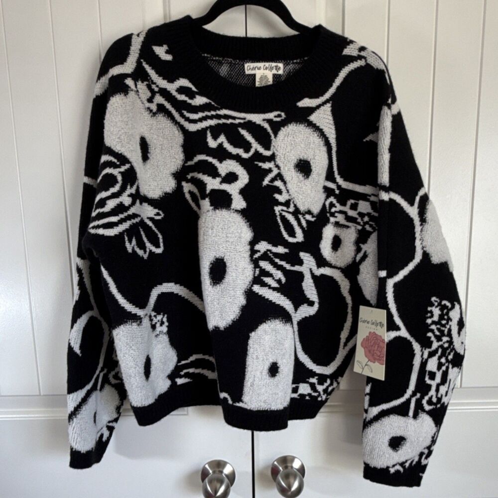 Chérie Collette Black White Floral Knit Pullover Sweater Acrylic Nylon L